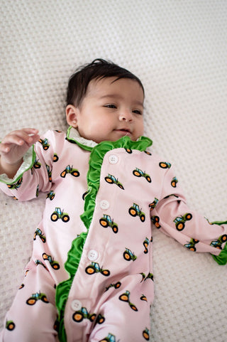 One - Piece Ruffle Buttflap Pajamas - Tractors On Pink - Sugar Bee Clothing