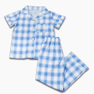 Button Down SS Lounge Set - Large Blue Gingham - Sugar Bee Clothing