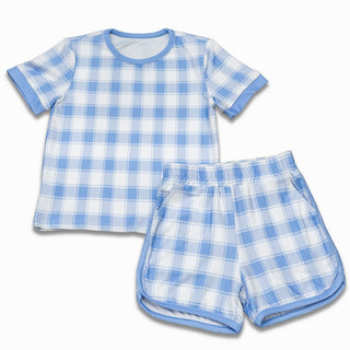 Short Sleeve Lounge Set - Blue Gingham - Sugar Bee Clothing