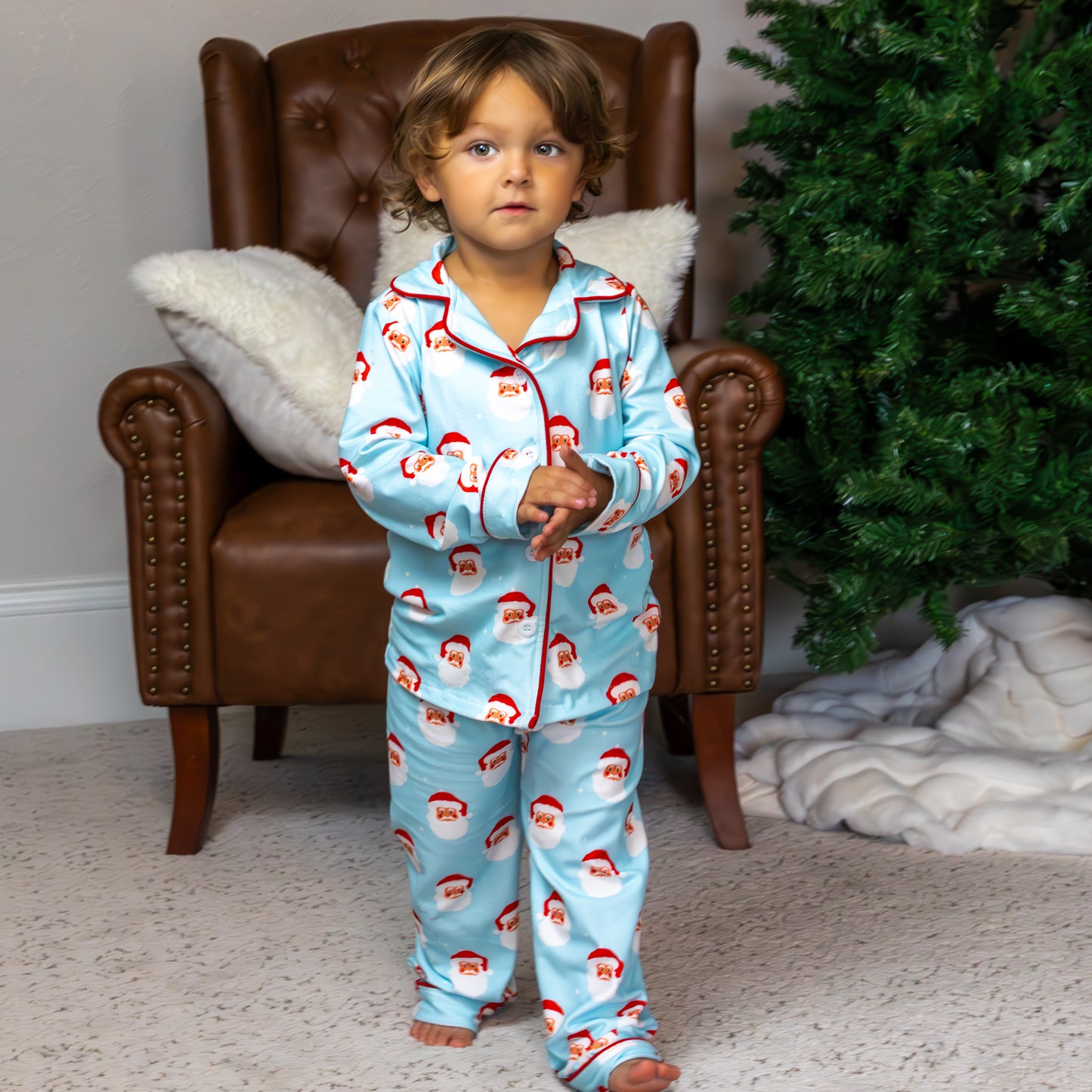 Kids Button Down Pajamas - Vintage Santa Holiday Lounge