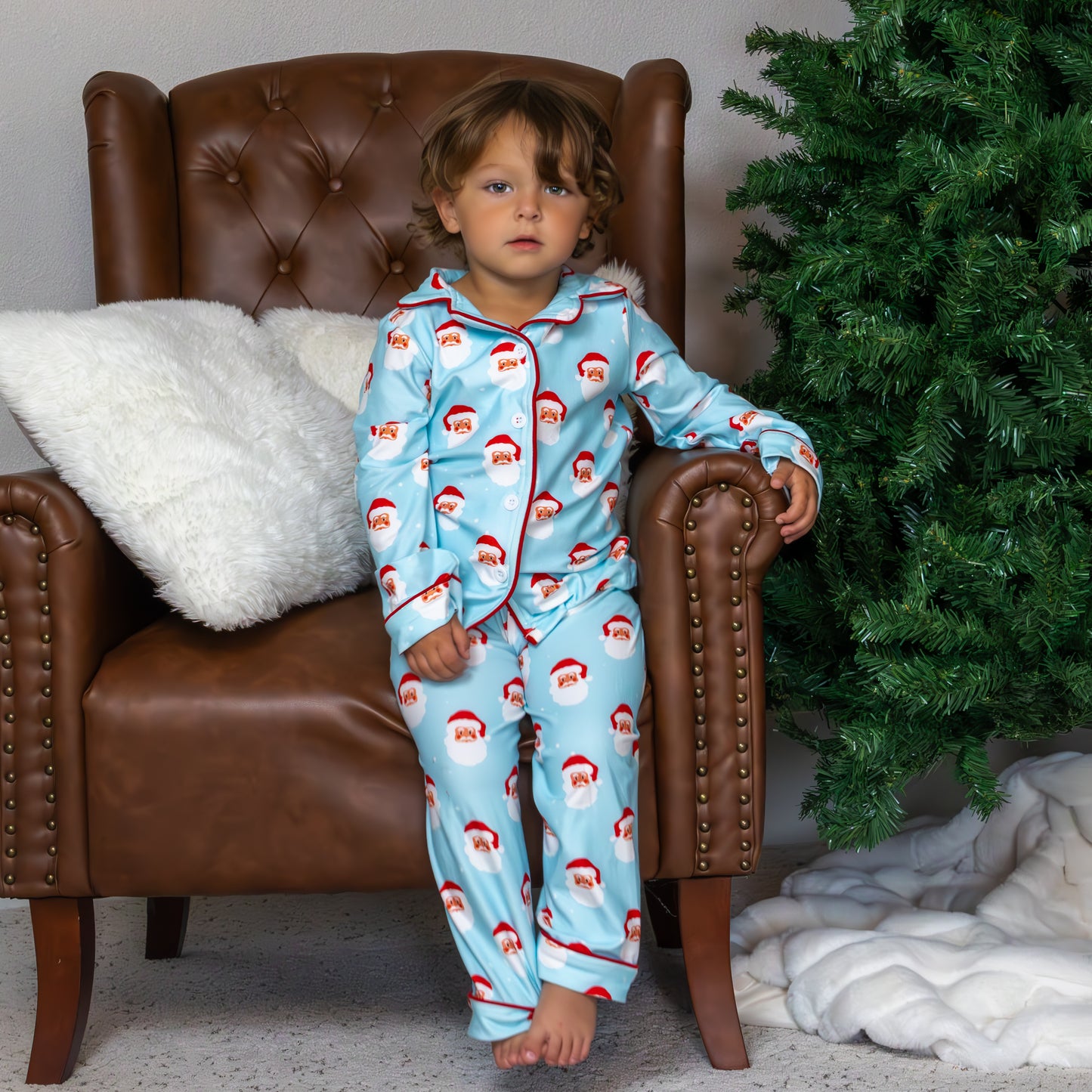 Kids Button Down Pajamas - Vintage Santa Holiday Lounge