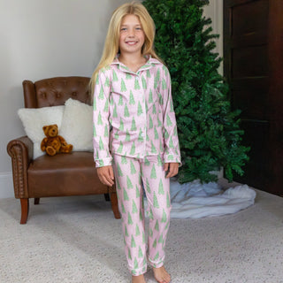 Kids Button Down PJs - Pink Christmas Tree - Sugar Bee Clothing