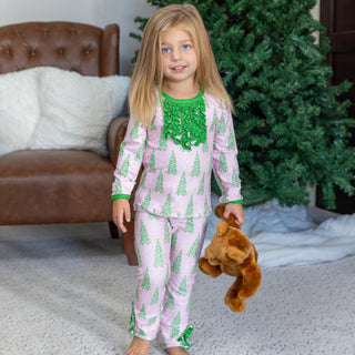 Ruffle Buttflap Pajamas - Pink Christmas Tree Holiday Lounge - Sugar Bee Clothing