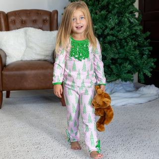 Ruffle Buttflap Pajamas - Classic Pink Christmas Tree - Sugar Bee Clothing