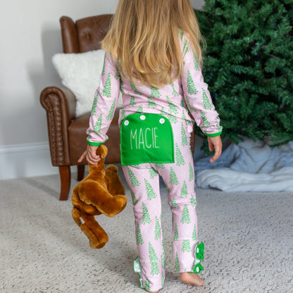 Ruffle Buttflap Pajamas - Pink Christmas Tree Holiday Lounge
