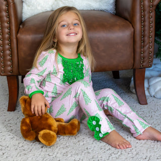 Ruffle Buttflap Pajamas - Classic Pink Christmas Tree - Sugar Bee Clothing
