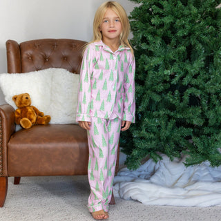 Kids Button Down PJs - Pink Christmas Tree - Sugar Bee Clothing