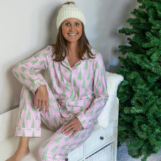 Adult Button Down PJs - Pink Christmas Tree - Sugar Bee Clothing