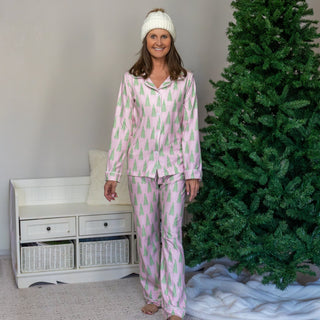 Adult Button Down PJs - Pink Christmas Tree - Sugar Bee Clothing