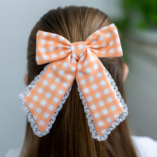 Hairbow - Peach Gingham - Sugar Bee Clothing