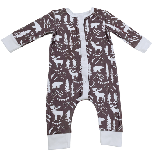 One-Piece Buttflap Pajamas - Espresso Mountain Animals