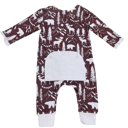 One-Piece Ruffle Buttflap Pajamas- Espresso Mountain Animals