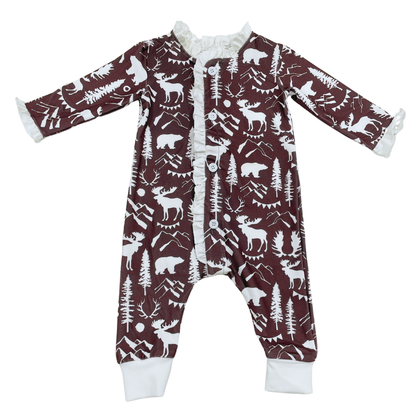 One-Piece Ruffle Buttflap Pajamas- Espresso Mountain Animals