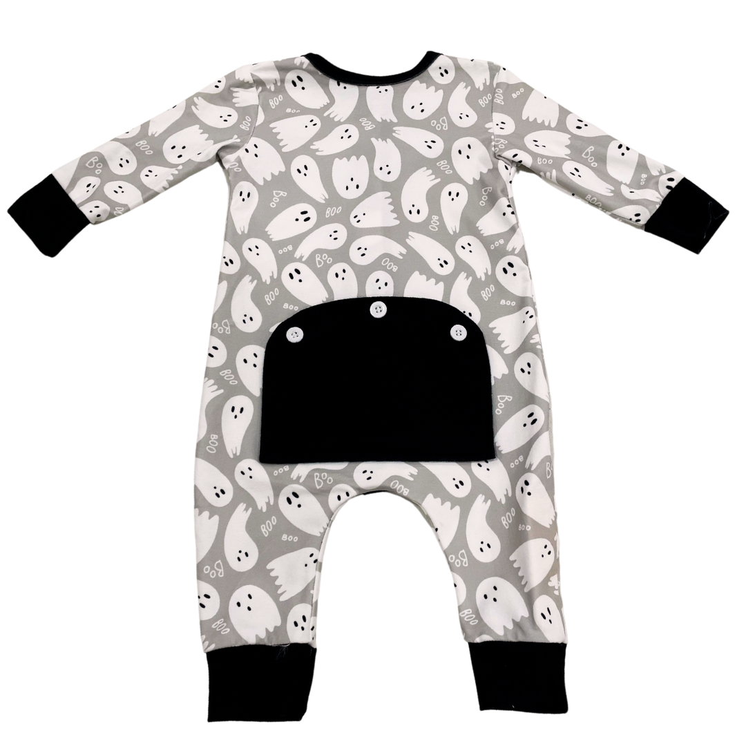 One-Piece Buttflap Pajamas - Ghosts on Grey