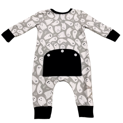 One-Piece Buttflap Pajamas - Ghosts on Grey