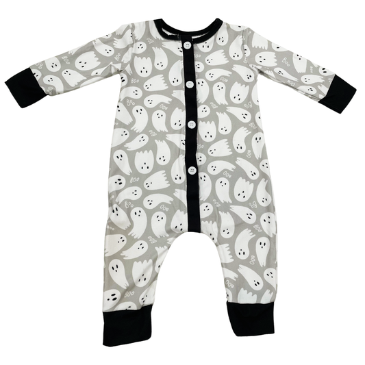 One-Piece Buttflap Pajamas - Ghosts on Grey