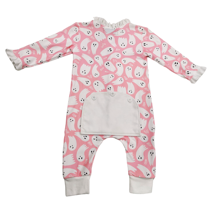 One-Piece Ruffle Buttflap Pajamas - Ghosts on Pink