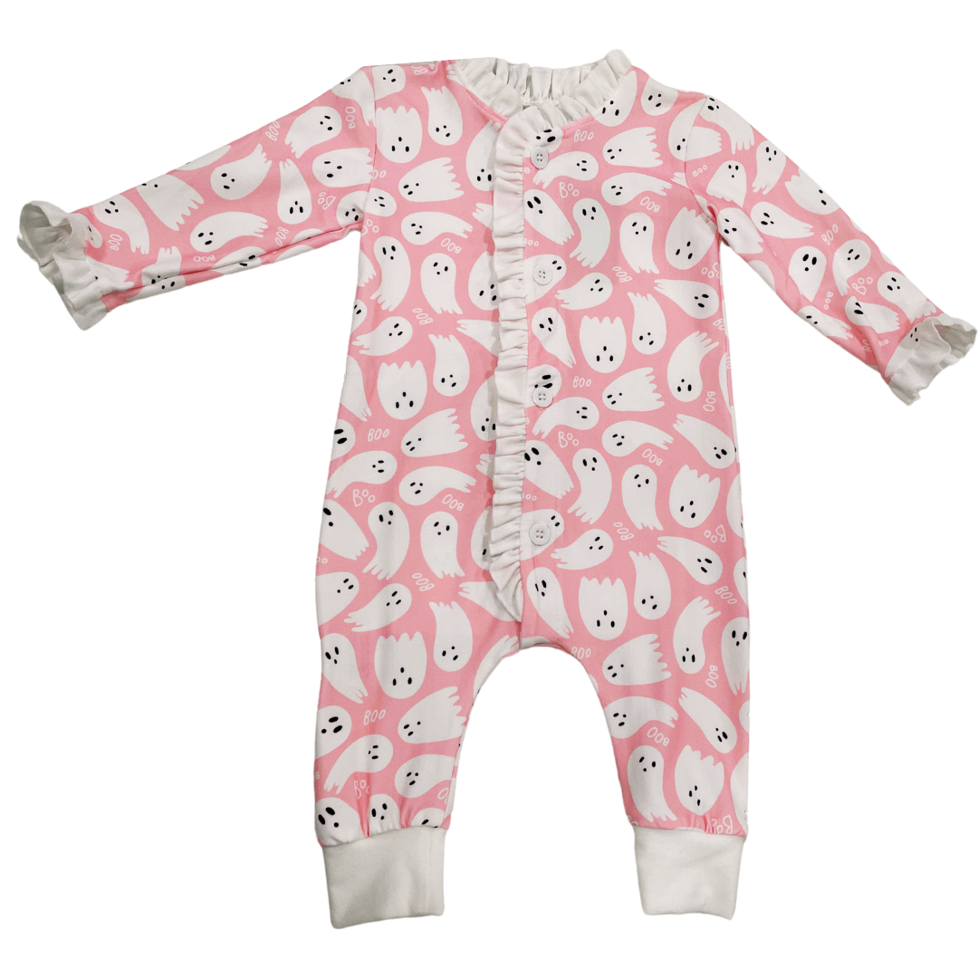 One-Piece Ruffle Buttflap Pajamas - Ghosts on Pink