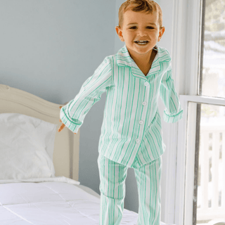 Button Down Pajamas - Green Stripe Holiday Lounge - Sugar Bee Clothing