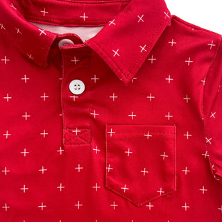 Mini Davis Short Sleeve Pocket Polo - White + on Red - Sugar Bee Clothing