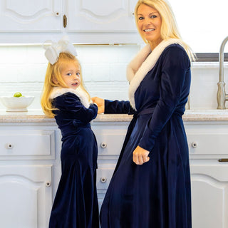 Eleanor Fur Trimmed Robe - Navy - Sugar Bee Clothing