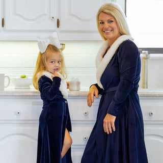 Eleanor Fur Trimmed Robe - Navy - Sugar Bee Clothing