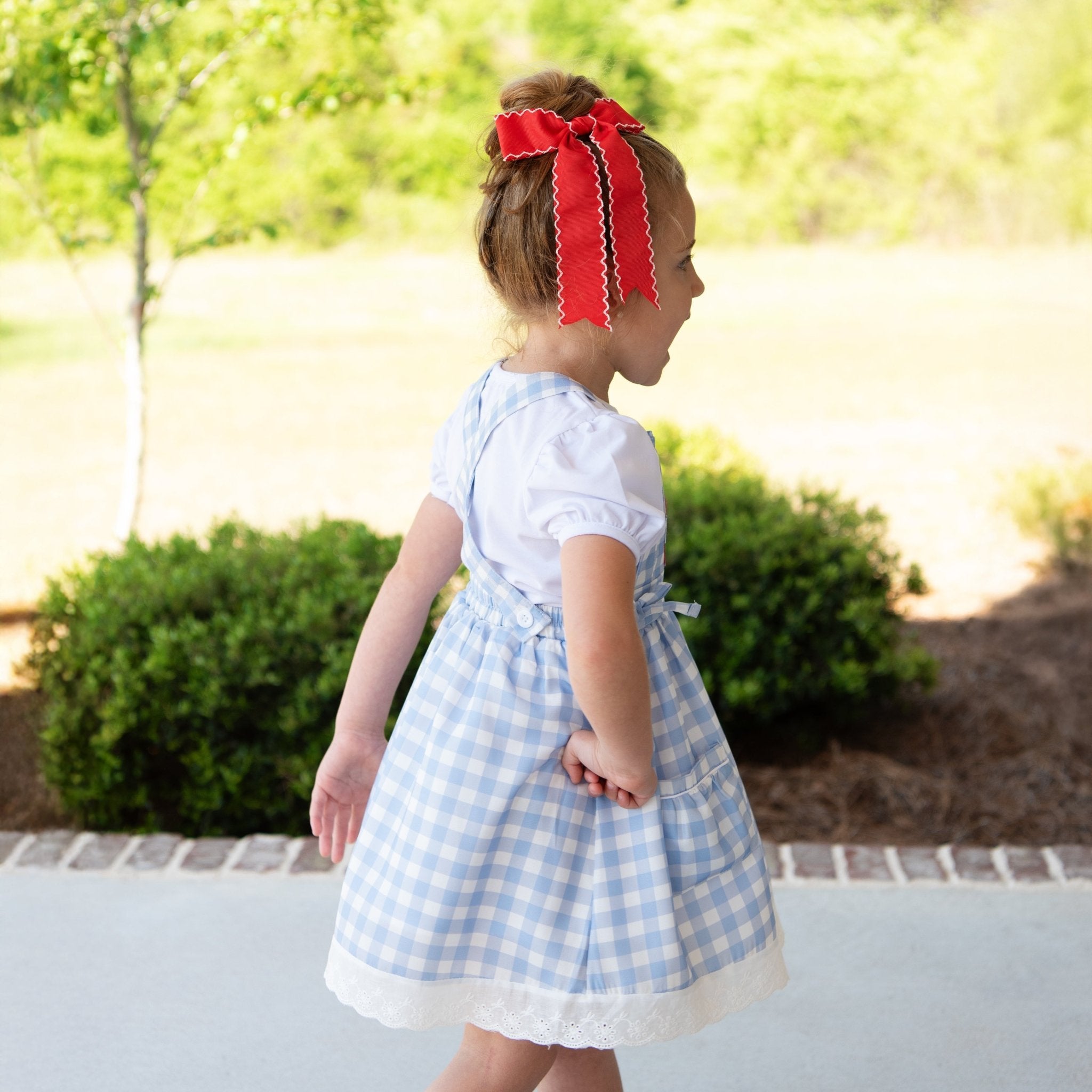 Sugarbee Lace Pinafore - Back to School Blue Gingham 8Y Sugarbee Lace Pinafore - Back to School Blue Gingham 8Y