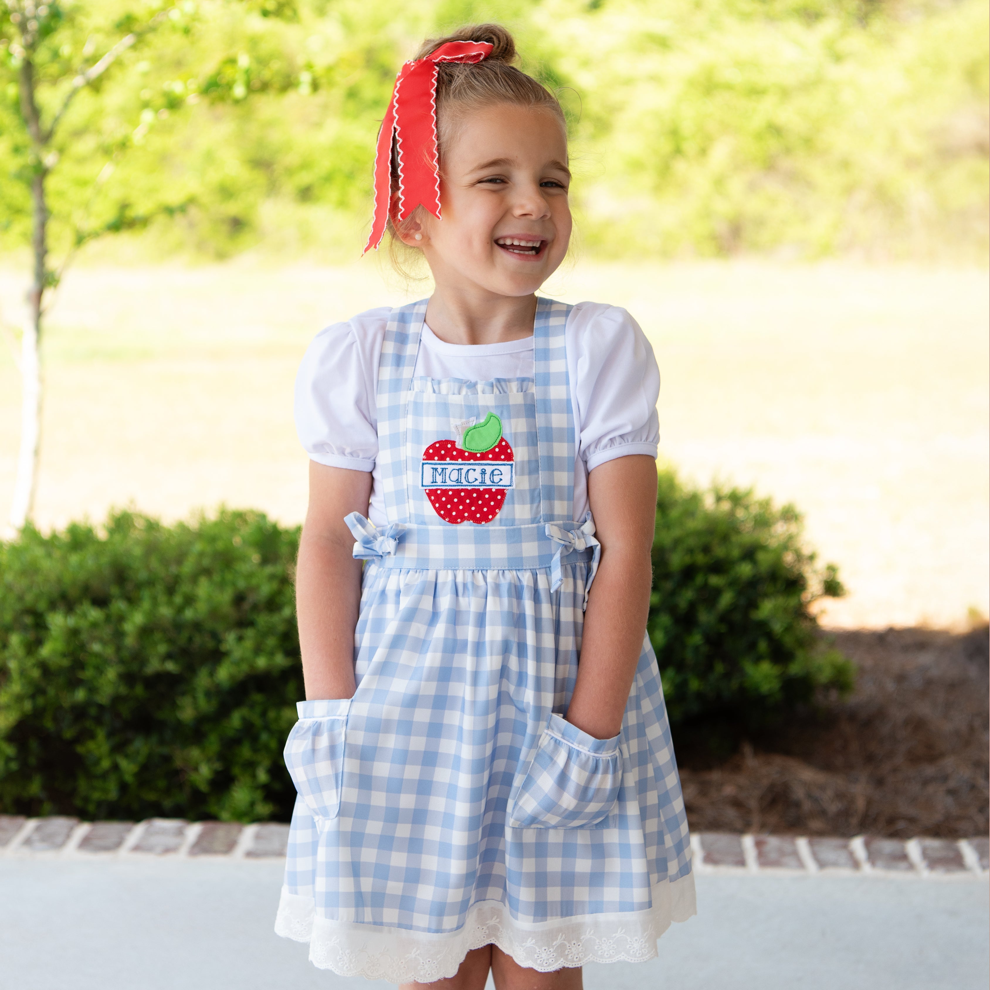 Lace Pinafore - Back to School Blue Gingham – Sugar Bee Clothing