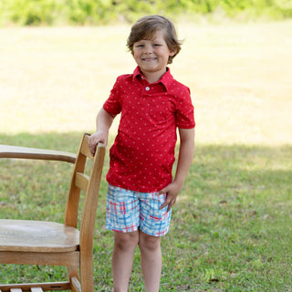 Mini Davis Short Sleeve Pocket Polo - White + on Red - Sugar Bee Clothing