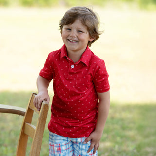 Mini Davis Short Sleeve Pocket Polo - White + on Red - Sugar Bee Clothing