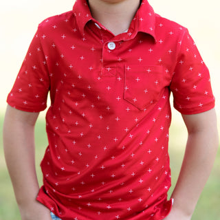 Mini Davis Short Sleeve Pocket Polo - White + on Red - Sugar Bee Clothing