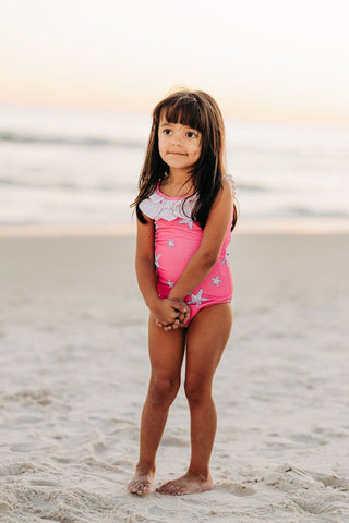 Bowback Swimsuit - Pink Starfish - Sugar Bee Clothing