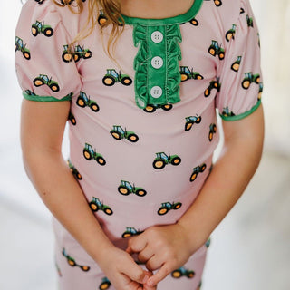 Ruffle Short Sleeve Lounge Set - Tractors On Pink - Sugar Bee Clothing