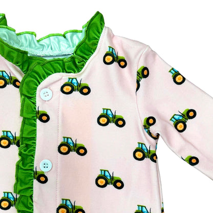 Ruffle Buttflap Pajamas - Tractors On Pink