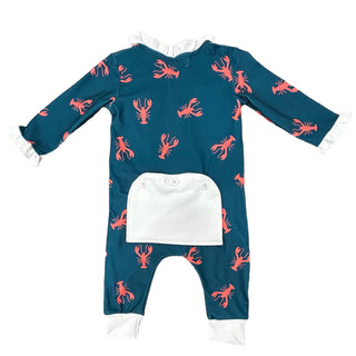 One - Piece Ruffle Buttflap Pajamas - Navy Crawfish - Sugar Bee Clothing