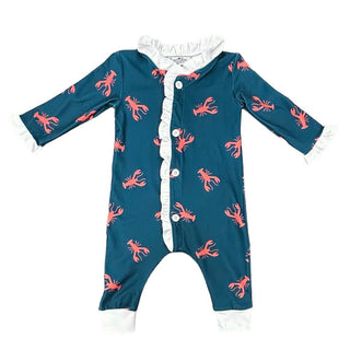 One - Piece Ruffle Buttflap Pajamas - Navy Crawfish - Sugar Bee Clothing