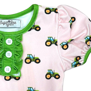 Ruffle Short Sleeve Lounge Set - Tractors On Pink - Sugar Bee Clothing