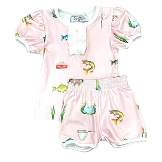 Ruffle Short Sleeve Lounge Set - Girls Fishing - Sugar Bee Clothing