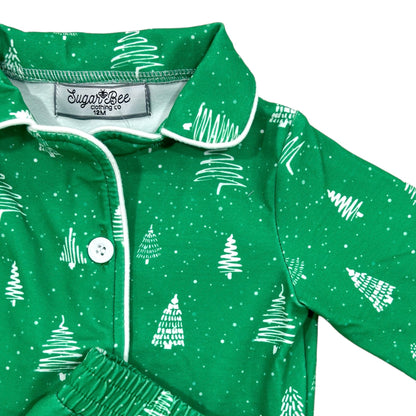 Button Down - White Trees On Green Holiday Lounge PREORDER