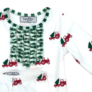 Ruffle Buttflap Pajamas - Christmas Tractor Holiday Lounge - Sugar Bee Clothing