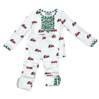 Ruffle Buttflap Pajamas - Christmas Tractor Holiday Lounge - Sugar Bee Clothing