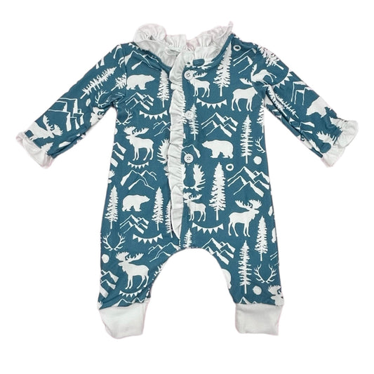 One-Piece Ruffle Buttflap Pajams - Blue Mountain Animals