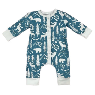 One - Piece Buttflap Pajamas - Blue Mountain Animals - Sugar Bee Clothing