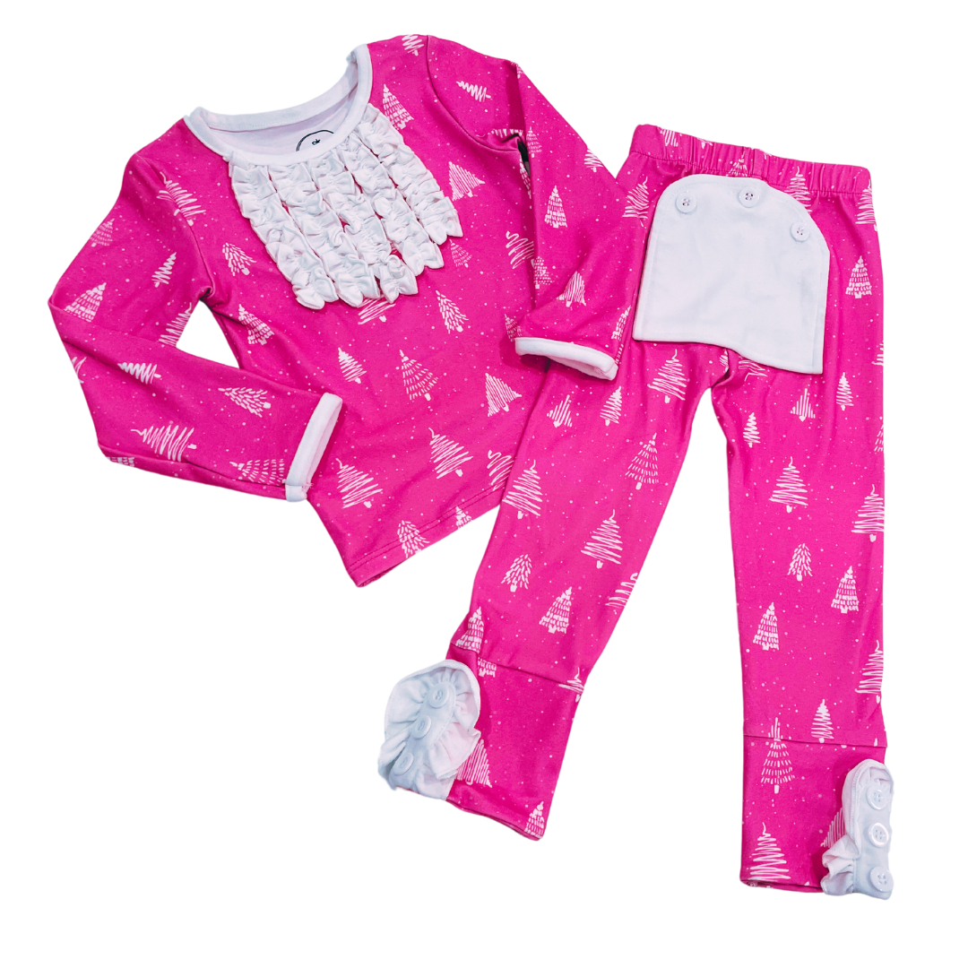 Ruffle Buttflap Pajamas - White Trees On Magenta Holiday Lounge