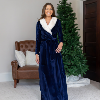 Eleanor Fur Trimmed Robe - Navy