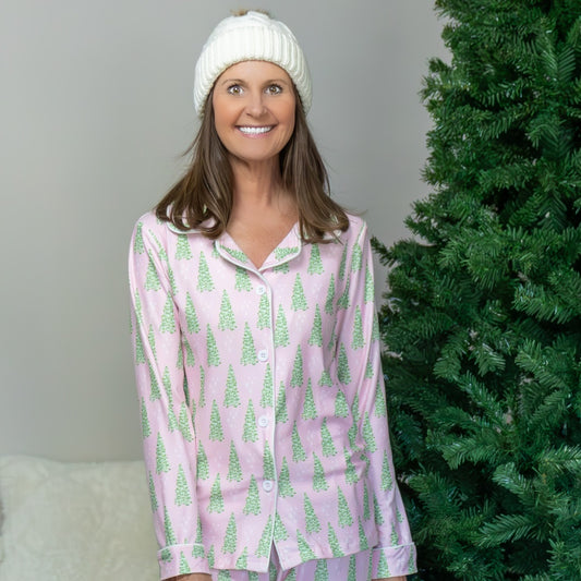 Adult Button Down PJs - Pink Christmas Tree