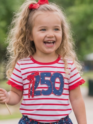 Mae Scalloped Sleeve Red Striped Tee - 250 Applique - Sugar Bee Clothing