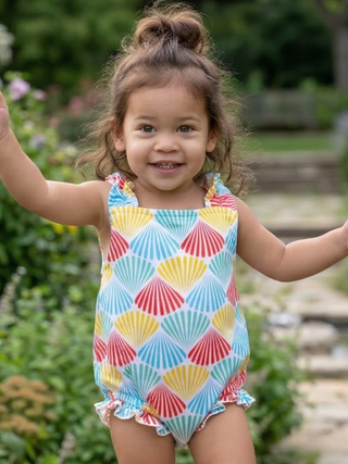 Baby Sylvia Ruffle Criss Cross Bubble - Rainbow Shells - Sugar Bee Clothing