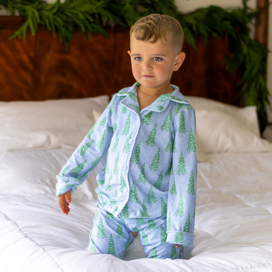Button Down Pajamas - Blue Christmas Tree Holiday Lounge