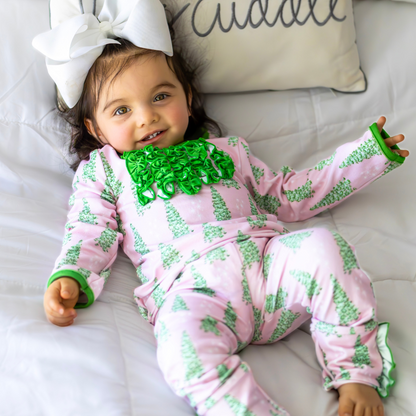 Ruffle Buttflap Pajamas - Pink Christmas Tree Holiday Lounge